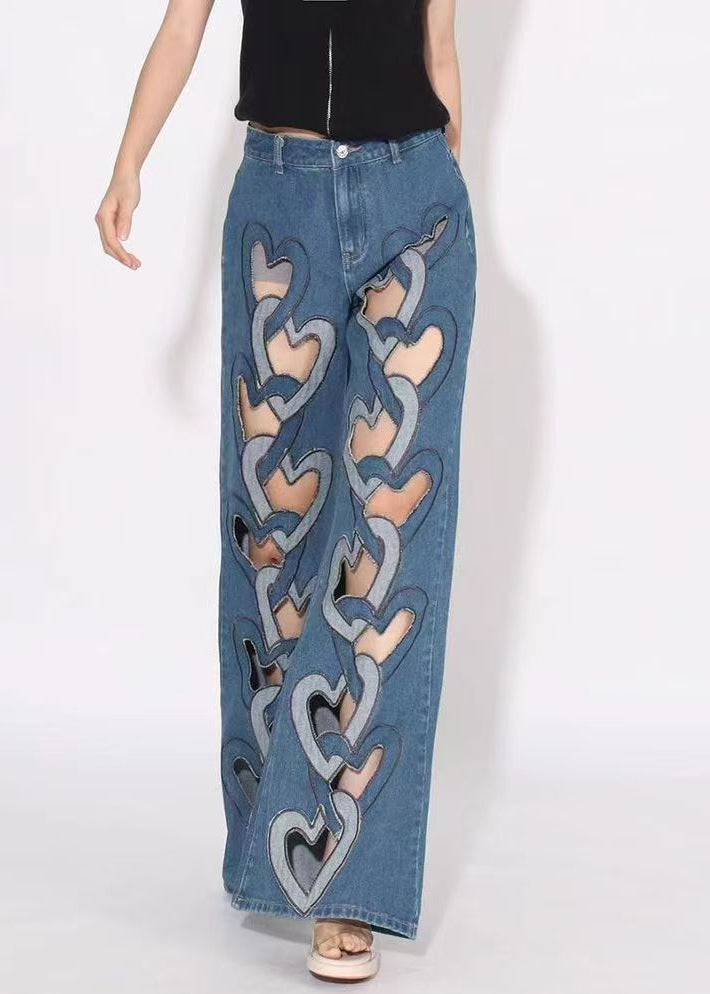 High Waist Denim Spring Chic Blue Hollow Out Pants