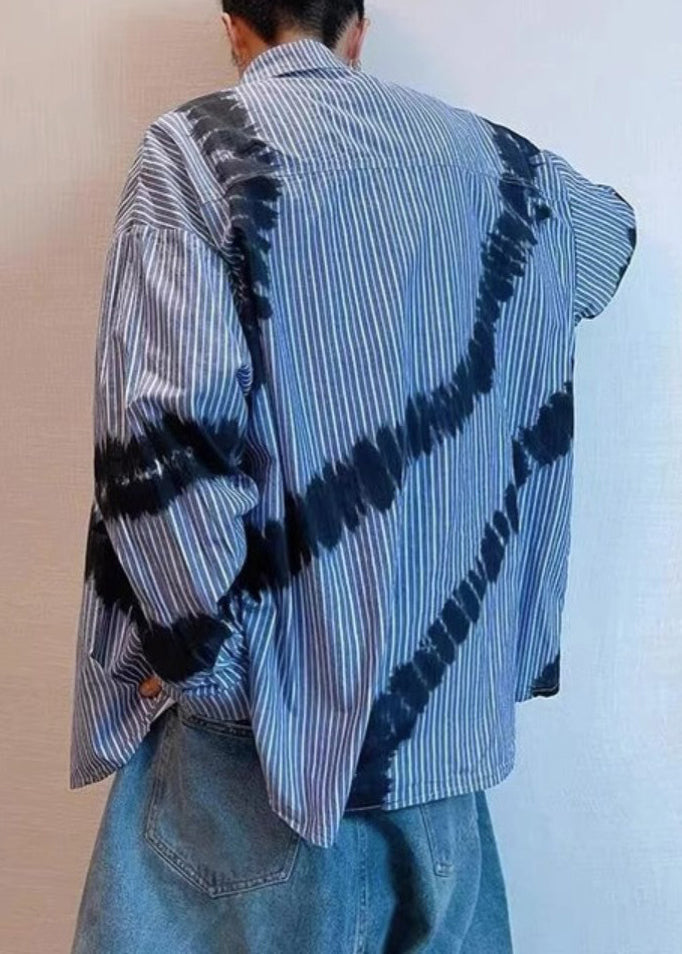 Spring Blue Men Shirts Tie Striped Cotton Dye Chic