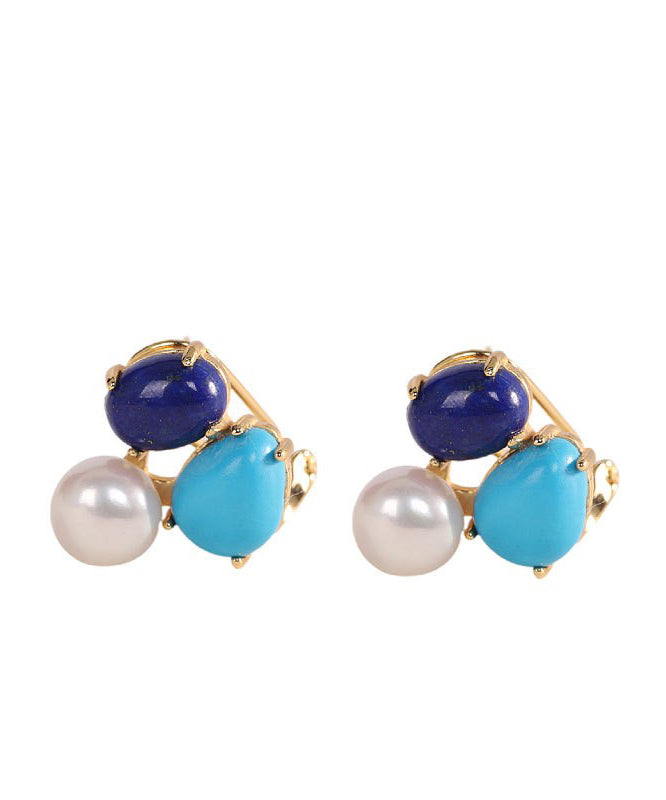 Chic Colorblock Sterling Silver Overgild Turquoise Pearl Stud Earrings YD017