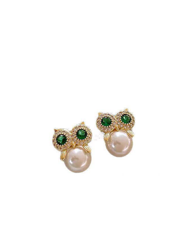 Owl Earrings Alloy Gold Chic Pearl Stud Copper Zircon