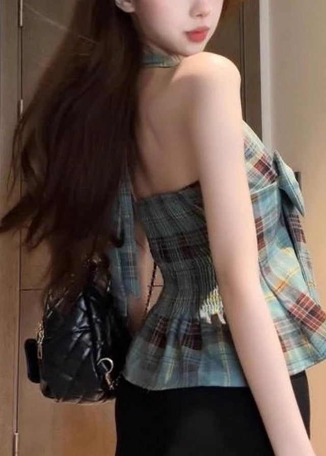 Halter Vests Backless Chic Plaid Summer Green