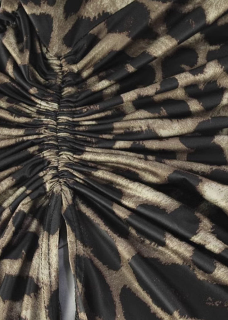 Side Chic Spaghetti Open Drawstring Dress Cotton Strap Leopard