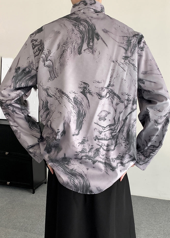Schickes hellgraues Patchwork-Shirt mit Schnürung und Print für Herren, Langarm, YT062