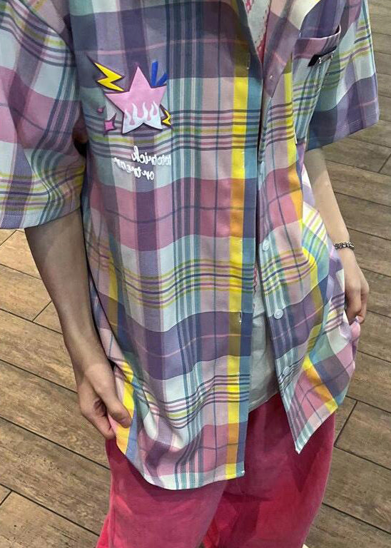 Summer Cotton Men Collar Shirt Plaid Pockets Peter Chic Pan