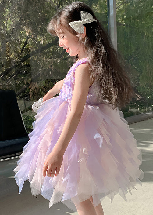 Chic Purple O-Neck Butterfly Tulle Girls Dress Sleeveless TT039