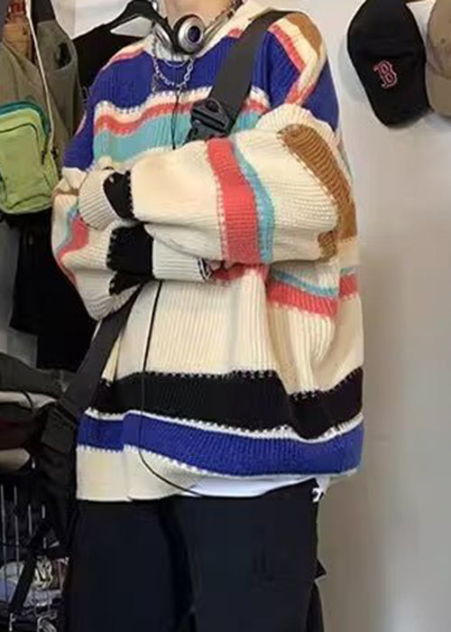 Schicker, kuscheliger Strickpullover für Herren im Regenbogen-Streifen-Design für den Winter QF025