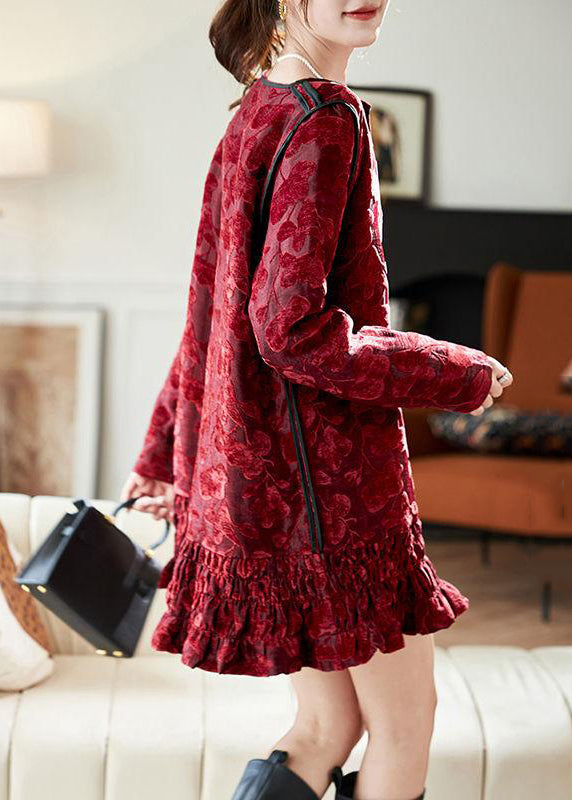 Dresses Chic Vacation Silk Long Neck Ruffled Red V Mid Velvet