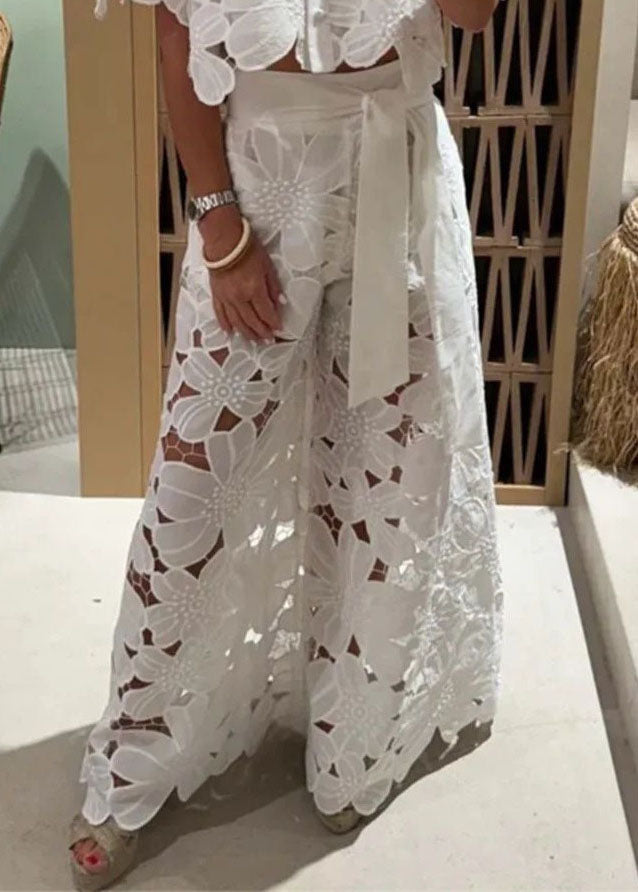 Two Chic Leg Hollow Shirts Out Set White Wide Pieces Pants And