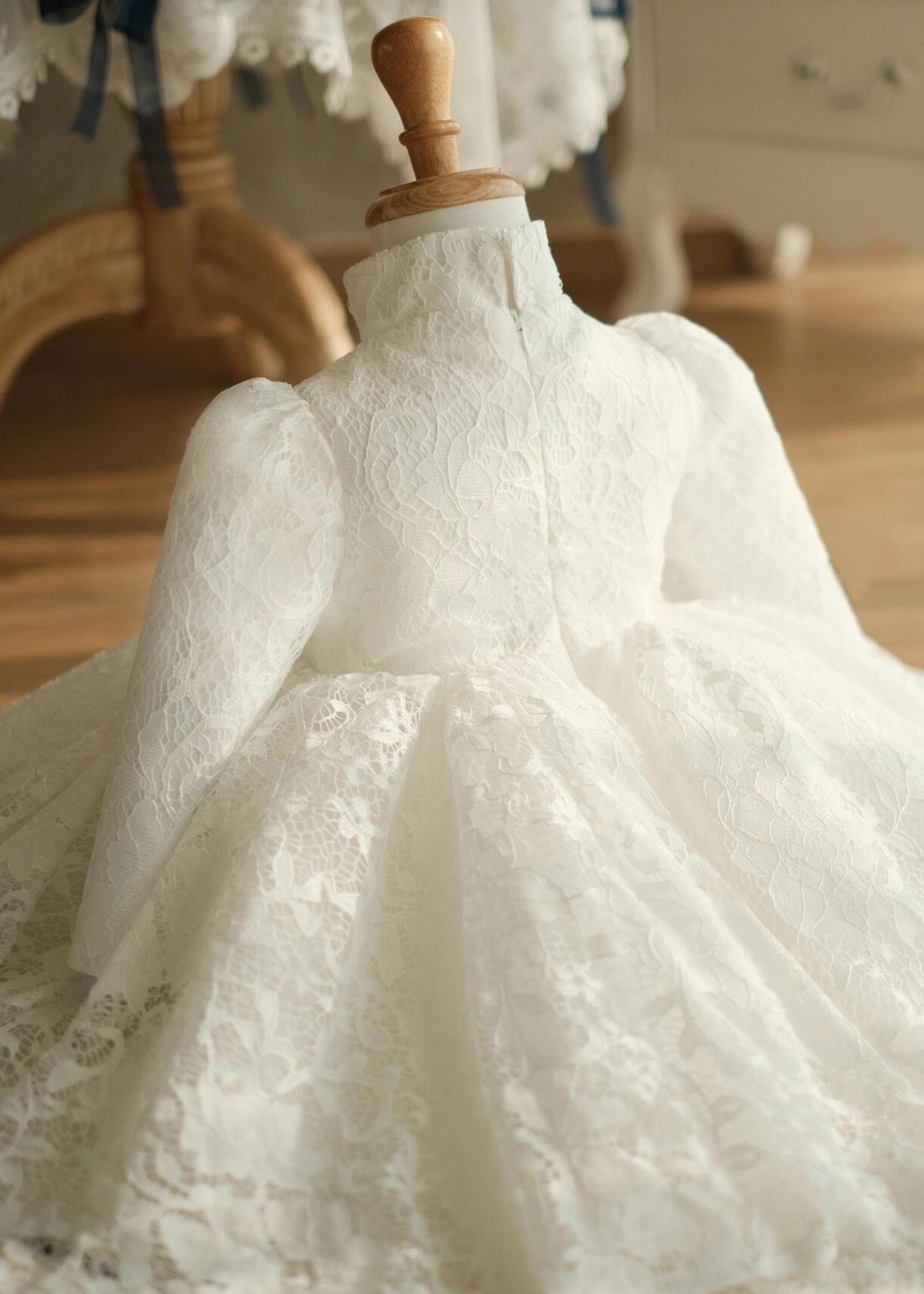 Chic White Stand Collar Button Lace Girls Maxi Dress Spring YS025