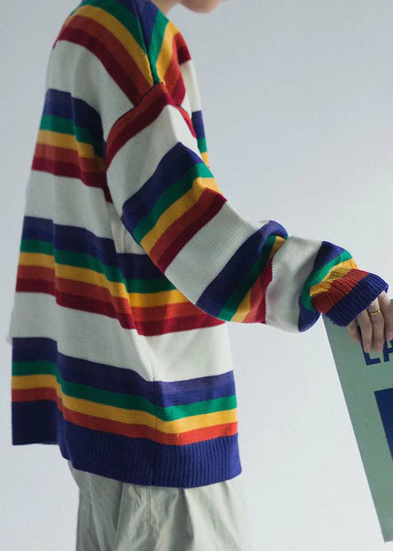 Schicker weiß gestreifter gemütlicher Strickpullover für Herren mit Rundhalsausschnitt, Winter QF030