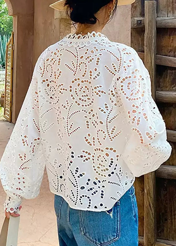 Hollow Out Embroidered Summer V Shirt Chic White Neck