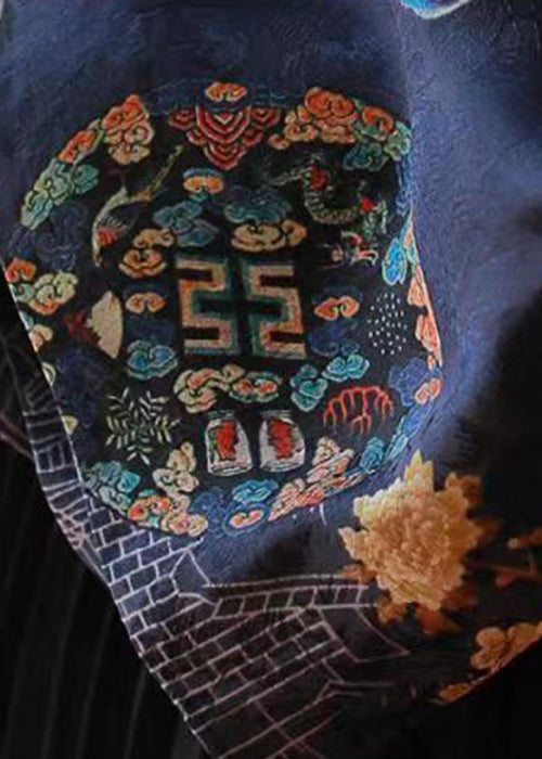 Chinese Style Blue Stand Collar Print Silk Shirts Spring YW038