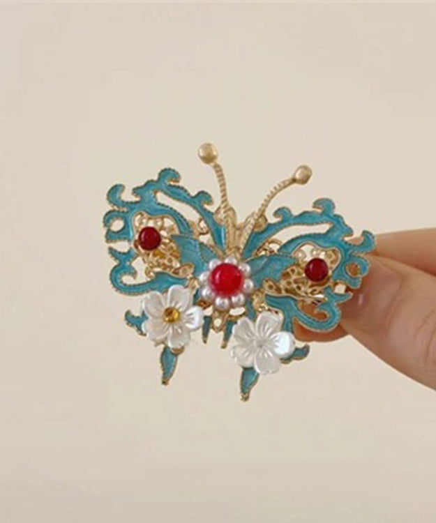 Chinese Style Colorblock Sterling Silver Overgild Bell Orchid Butterfly Pearl Hairpin TS010