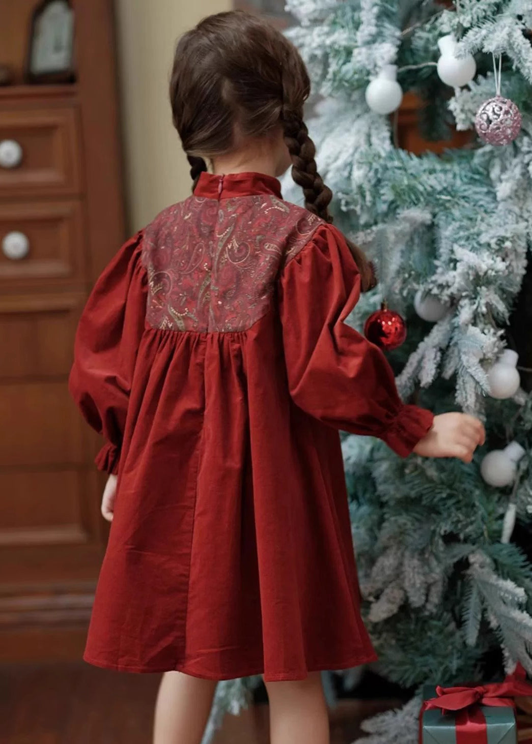 Chinese Style Mulberry Stand Collar Embroideried Corduroy Girls Long Dress Spring YE018