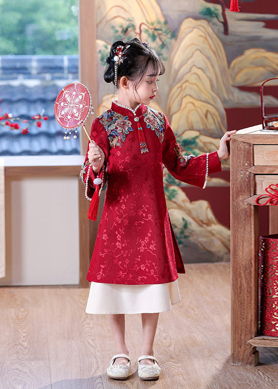Chinese Dress Kids Embroideried Maxi Red Nail Bead Style Spring