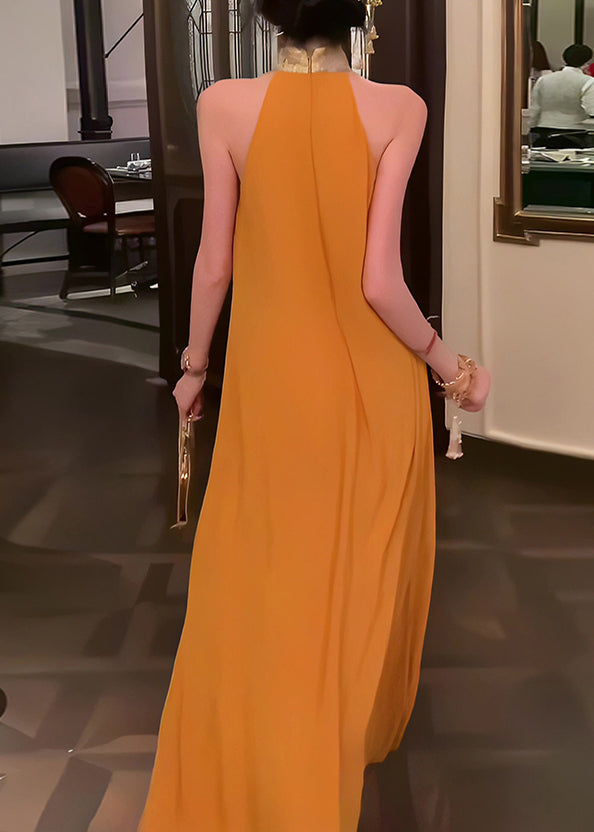 Collar Summer Patchwork Yellow Long Chinese Dress Style Stand