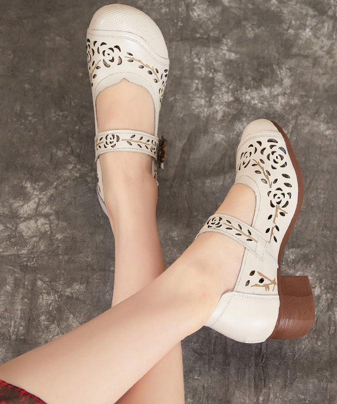 Hollow Chunky Out Heel Leather Chocolate Cowhide Boho Splicing