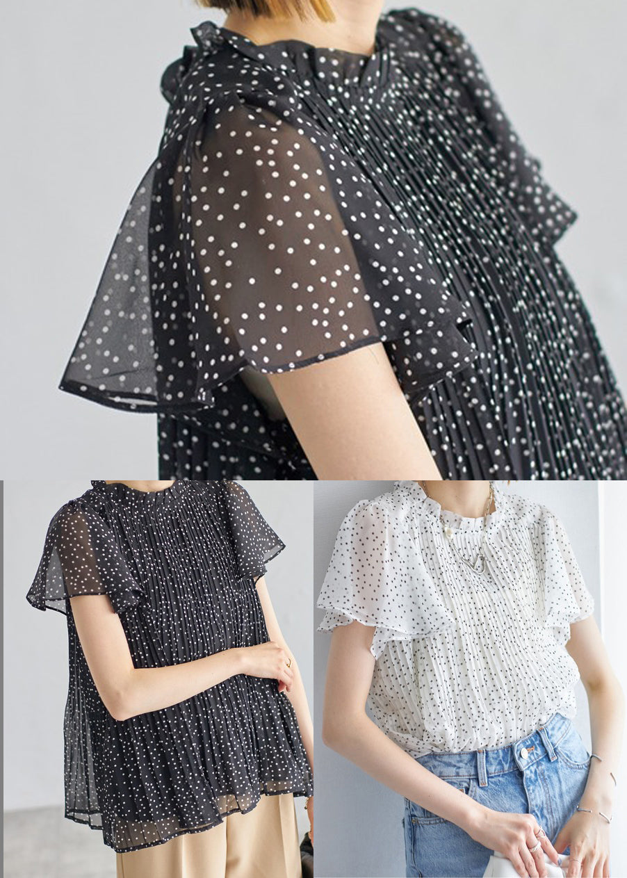 Summer Black Classy Shirts Chiffon Wrinkled Dot