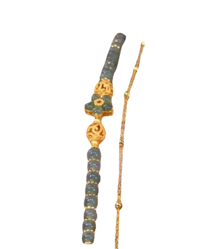 Edles grünes Sterling Silber Overgild Jade Blumen Quaste Charm Armband QD048