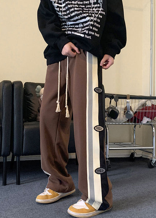 Patchwork Black Cotton Cool Drawstring Striped Spring Mens Pants