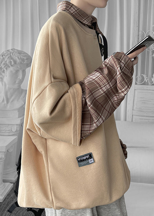 Cool Khaki Mens Collar Cotton Pan Plaid Patchwork Peter