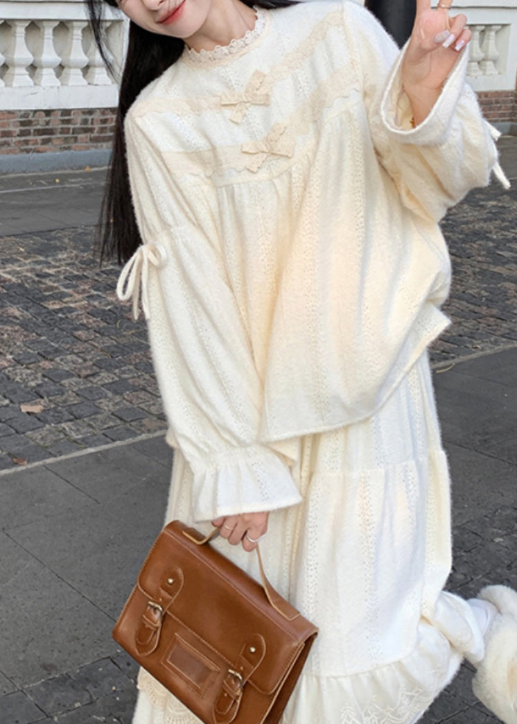 Cute Beige Lace Patchwork Tops And Skirts Cotton Two Pieces Set Spring YZ029