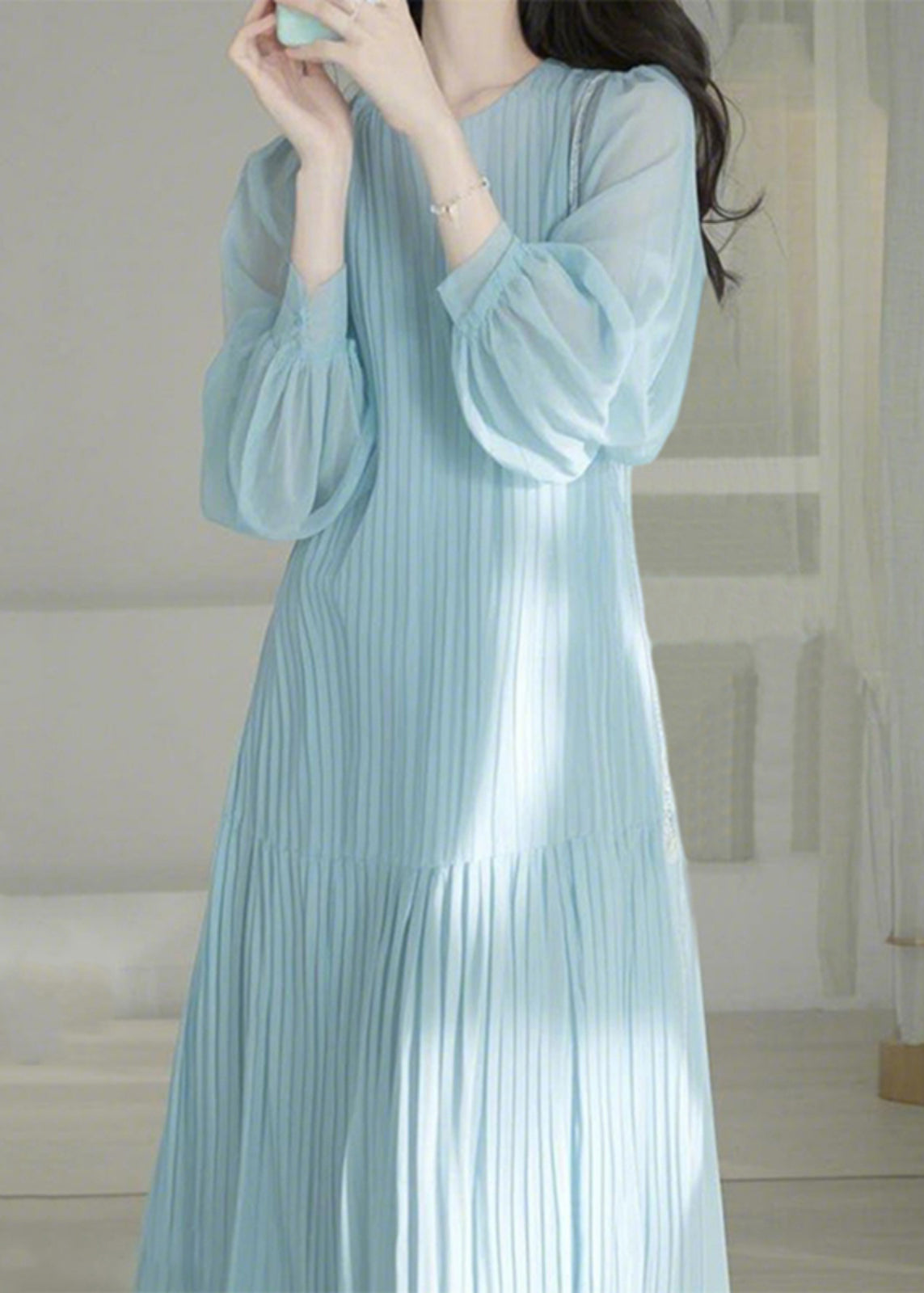 O-Neck Blue Maxi Spring Cinched Light Cute Dresses