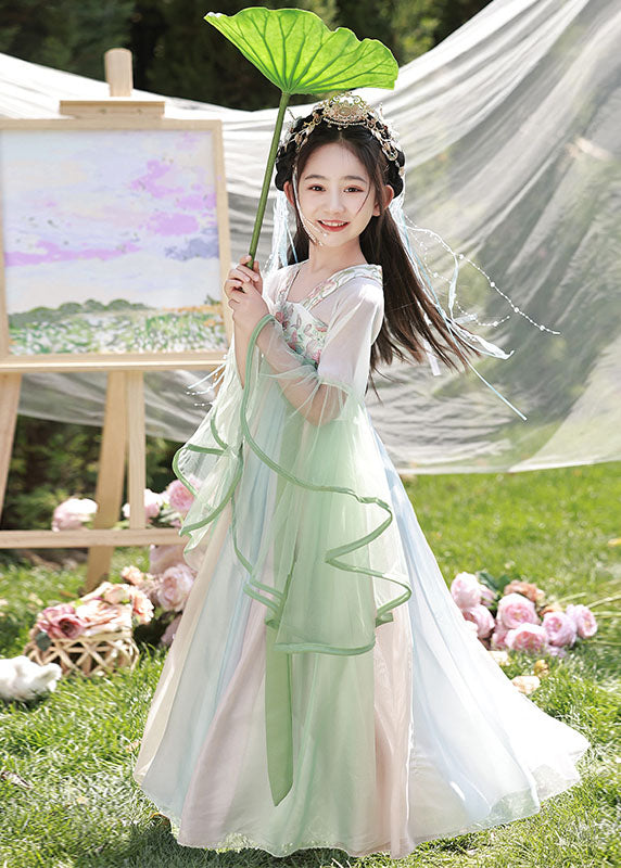 Spring Dresses Chiffon Cute Long Embroideried Kids Light Green
