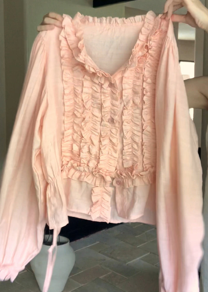 Cute Pink Chiffon Ruffled Lantern O-Neck Sleeve Top