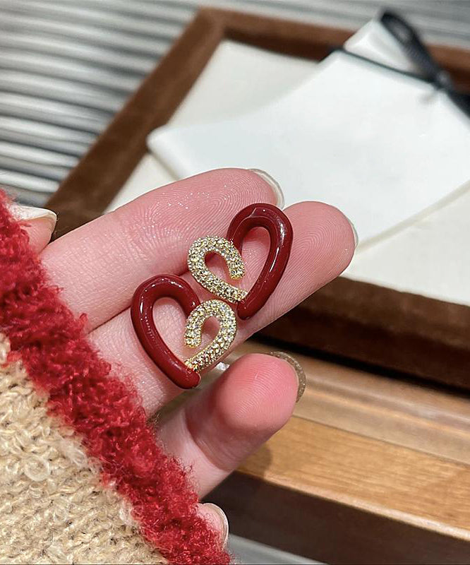 DIY Colorblock Asymmetric Copper Overgild Zircon Love Stud Earrings YX008