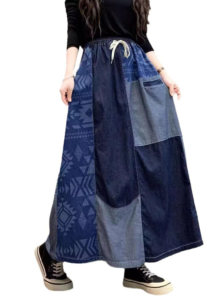 Summer Patchwork Denim Skirt DIY Asymmetrical Navy