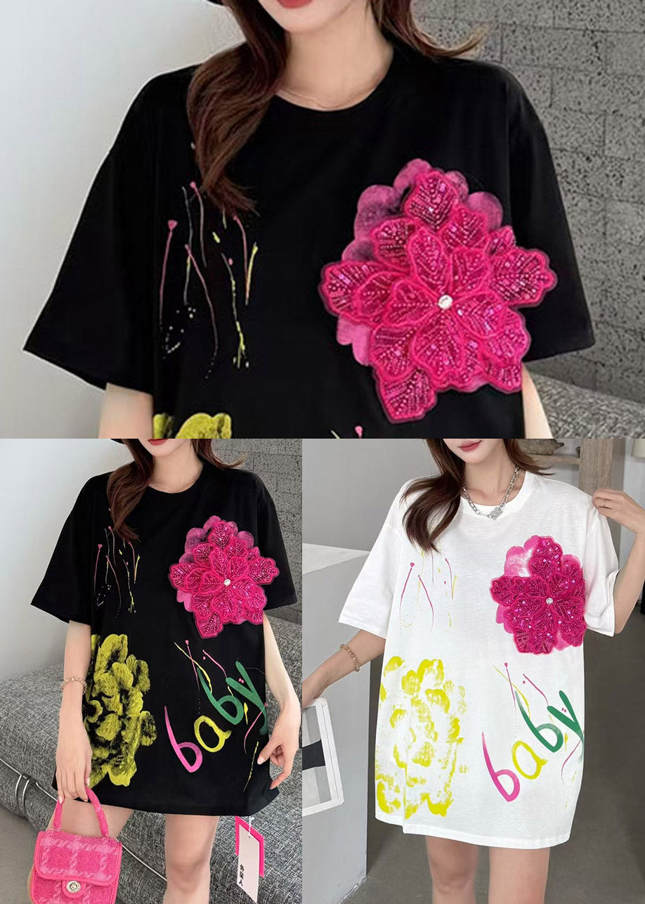 Decorated Cotton Floral Oversized Tops Tank DIY Summer White