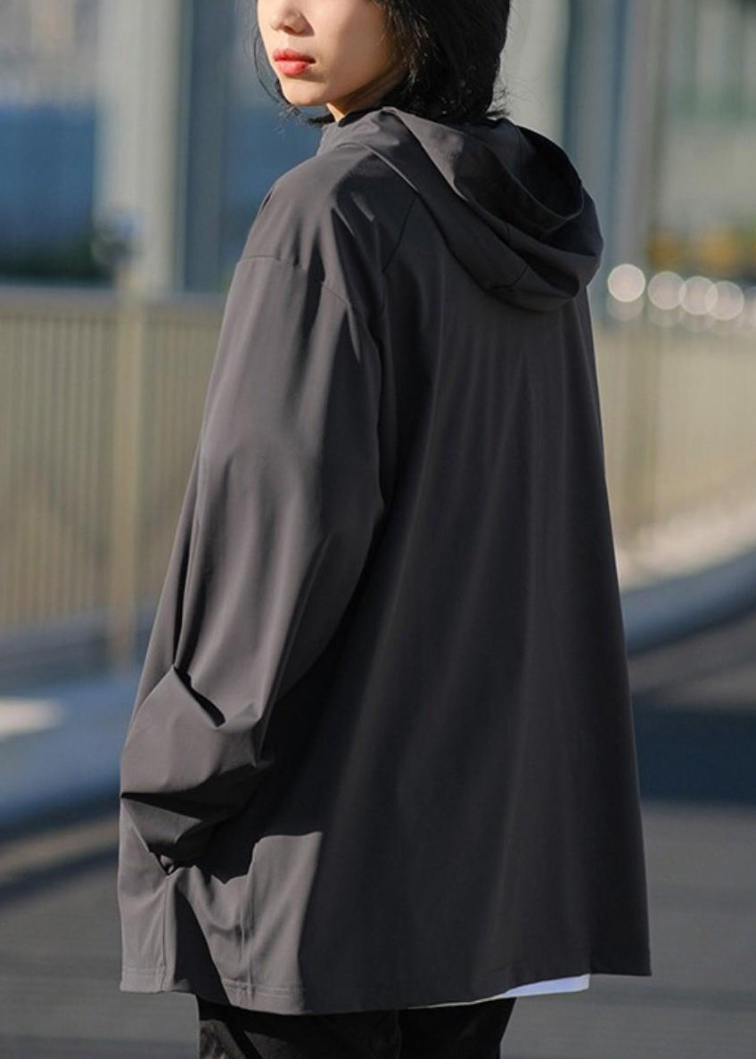 Hooded Zippered Solid Silk Ice 50+ Dark Coat Men UPF Gray