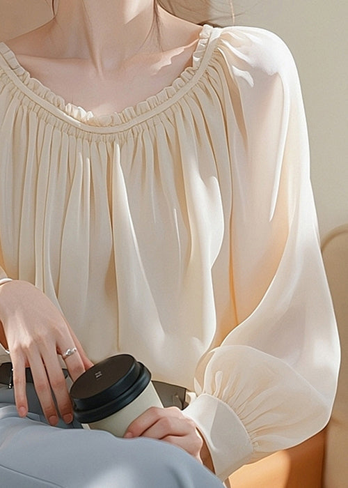 Elegant Apricot Ruffled Solid Chiffon Shirt Spring TY008