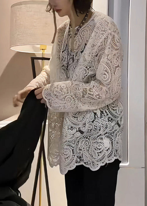 Elegant Hollow T Embroidered Beige Shirt Out Spring Lace