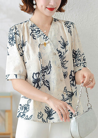 Print Shirts Tasseled Black Summer Elegant Silk