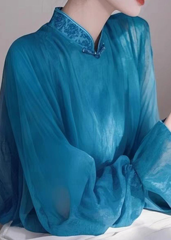 Stand Spring Elegant Collar Shirts Chiffon Blue