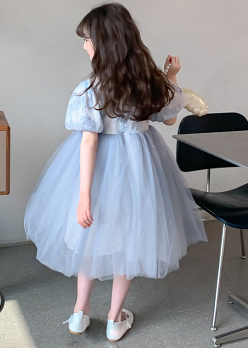 Elegant Blue Stand Collar Print Tulle Patchwork Girls Dress Summer TT038