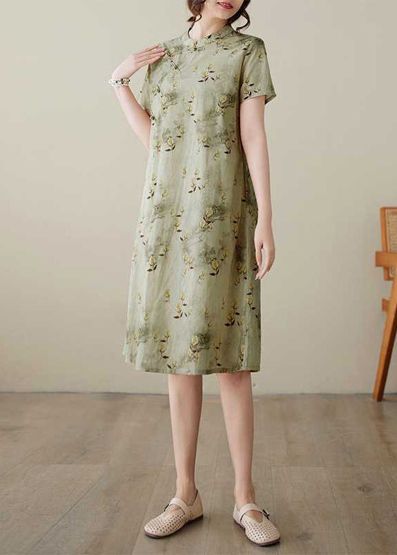 Cotton Elegant Button Dress Collar Print Summer Stand Green