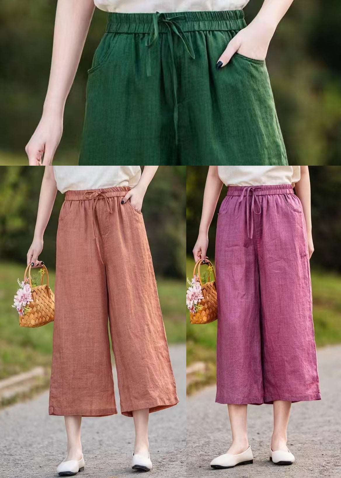 Linen Waist Crop Elastic Elegant Summer Pants Orange