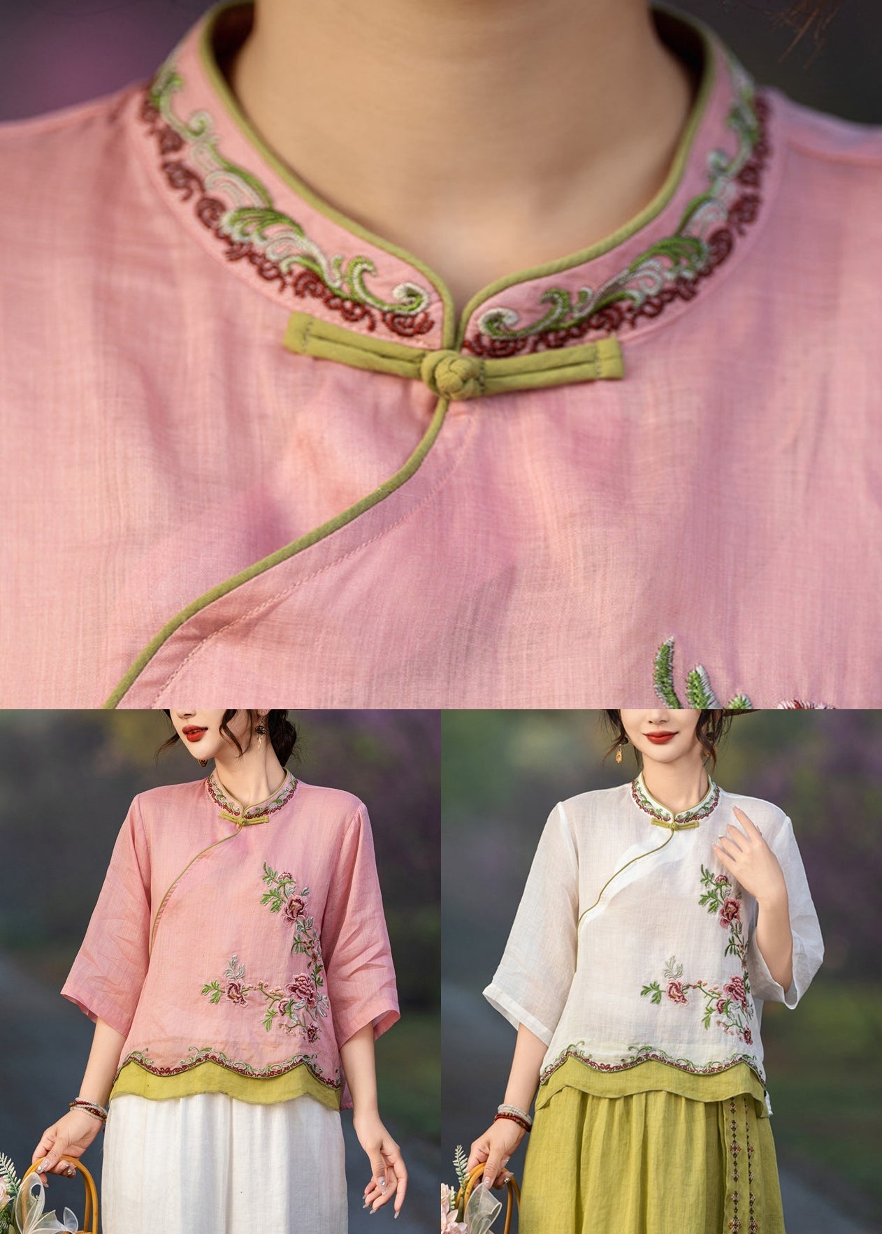 Pink Sleeve Elegant Button Shirt Linen Embroidered Bracelet