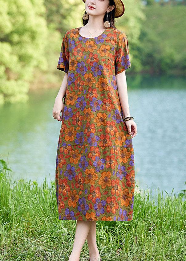 Elegant Linen Polychrome Summer Mid Dress Floral Oversized
