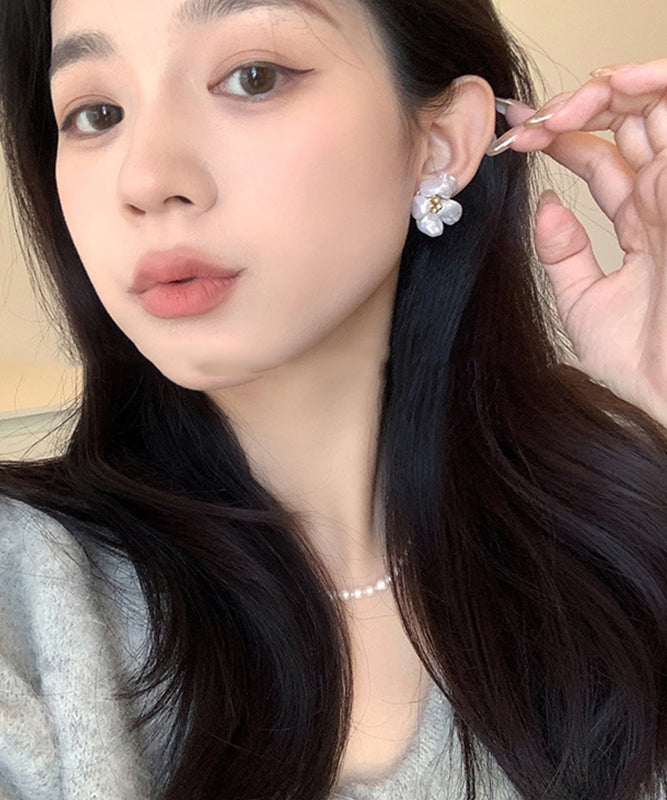 Pearl Earrings White Alloy Floral Copper Stud Elegant