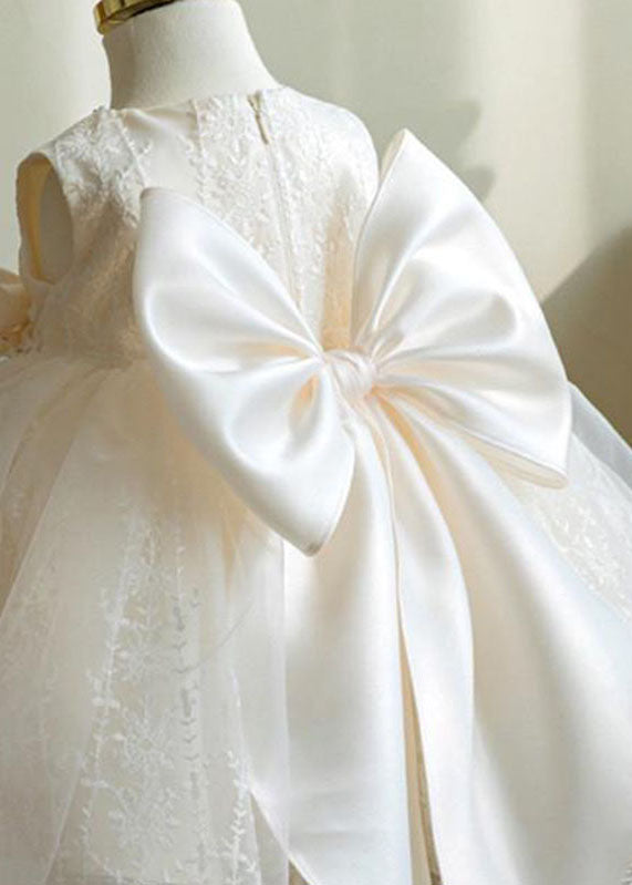 Elegant White Nail Bead Embroideried Tulle Girls Long Dress Sleeveless YS016