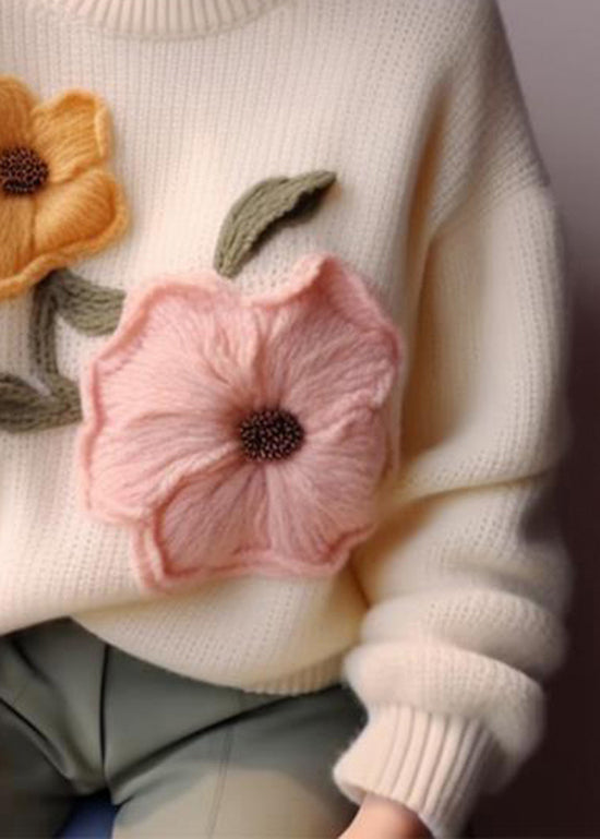 Eleganter weißer O-Ausschnitt Blumen Strickpullover Tops Herbst WO030