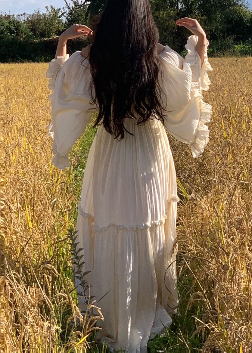 Maxi Sleeve White Elegant High Waist Cotton Dress Ruffled Flare