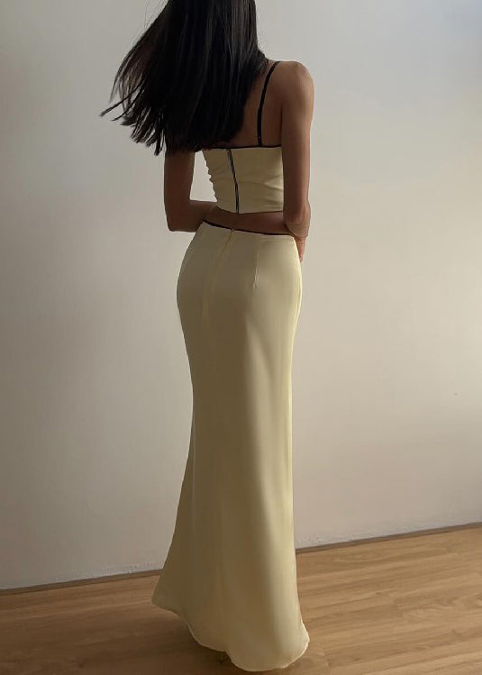 Elegant Yellow Bow Spaghetti Strap Tank And Skirts Silk Two Pieces Set Sleeveless YZ059