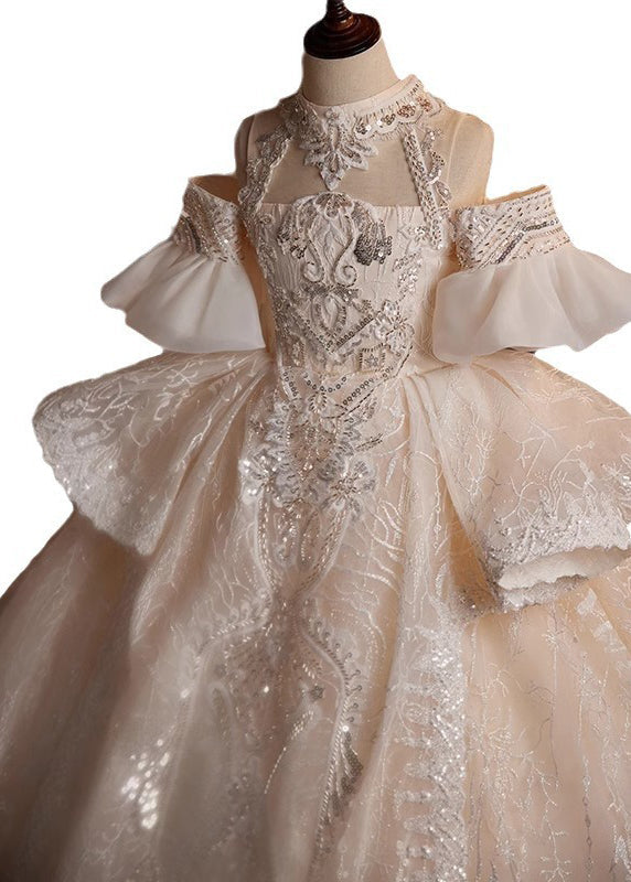 Fashion Champagne Turtleneck Embroideried Tulle Kids Maxi Dresses Summer YG007