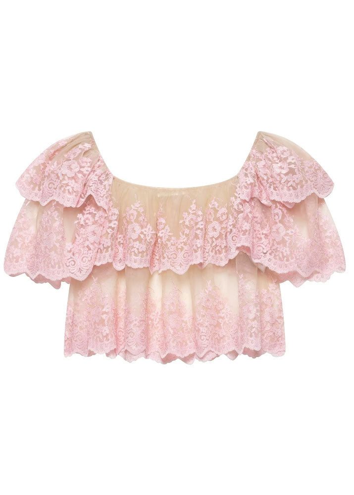 Top Ruffled Neck Summer Embroidered Slash Fashion Pink Tulle