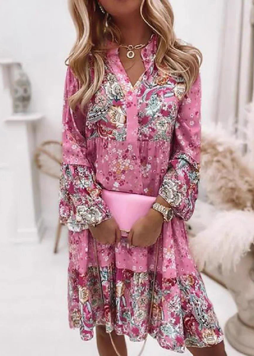 Fashion Fall Pink Mid Dresses V Wrinkled Print Neck